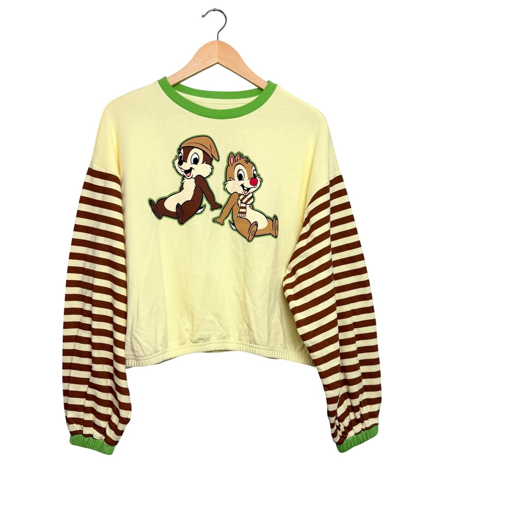 Disney Parks Chip n Dale Striped Sleeve Graphic Sweatshirt Yellow Womens Large